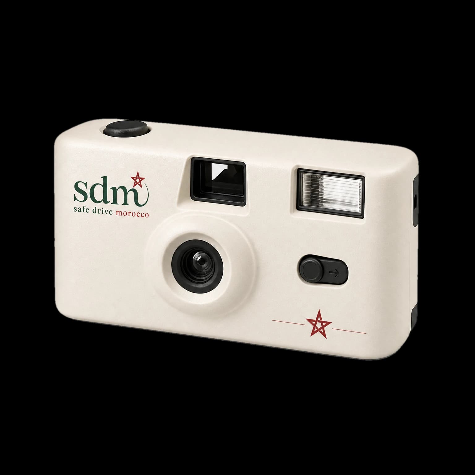 Compact film camera at three-quarter view, black and chrome body