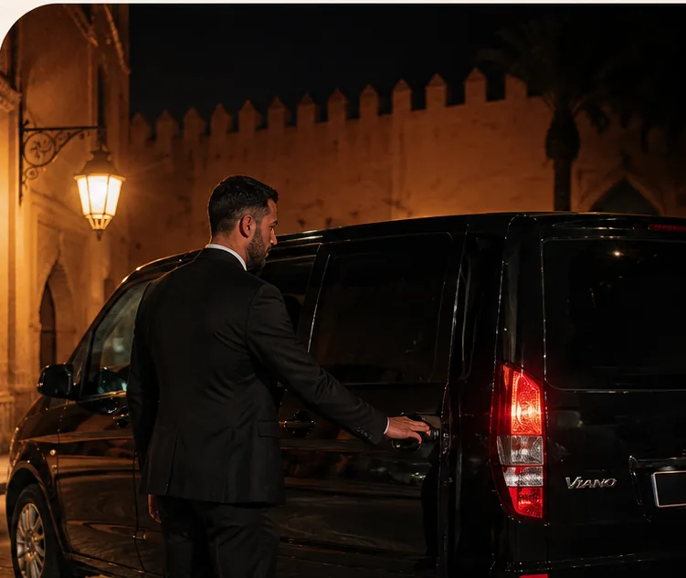 Chauffeur SDM en costume ouvrant la porte du Viano devant une muraille de médina éclairée à la lanterne
