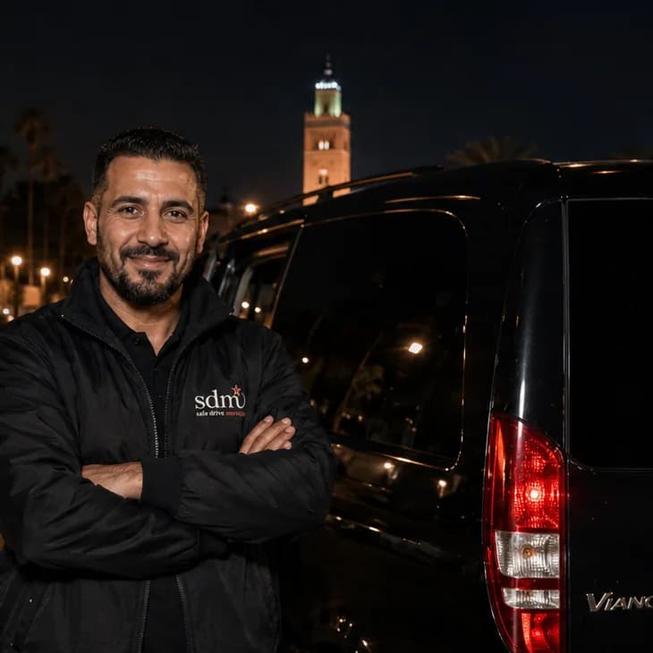 Achraf, SDM driver in an sdm-embroidered black jacket, arms folded in front of the Mercedes Viano at night