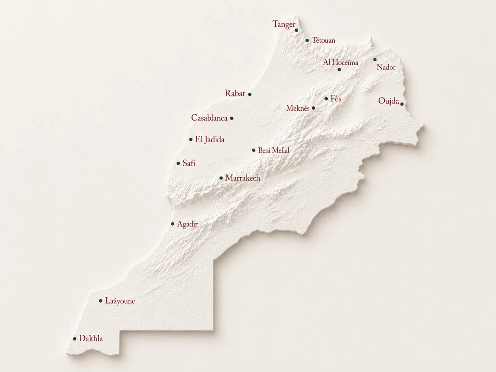 Carte du Maroc en relief, villes desservies par SDM en rouge
