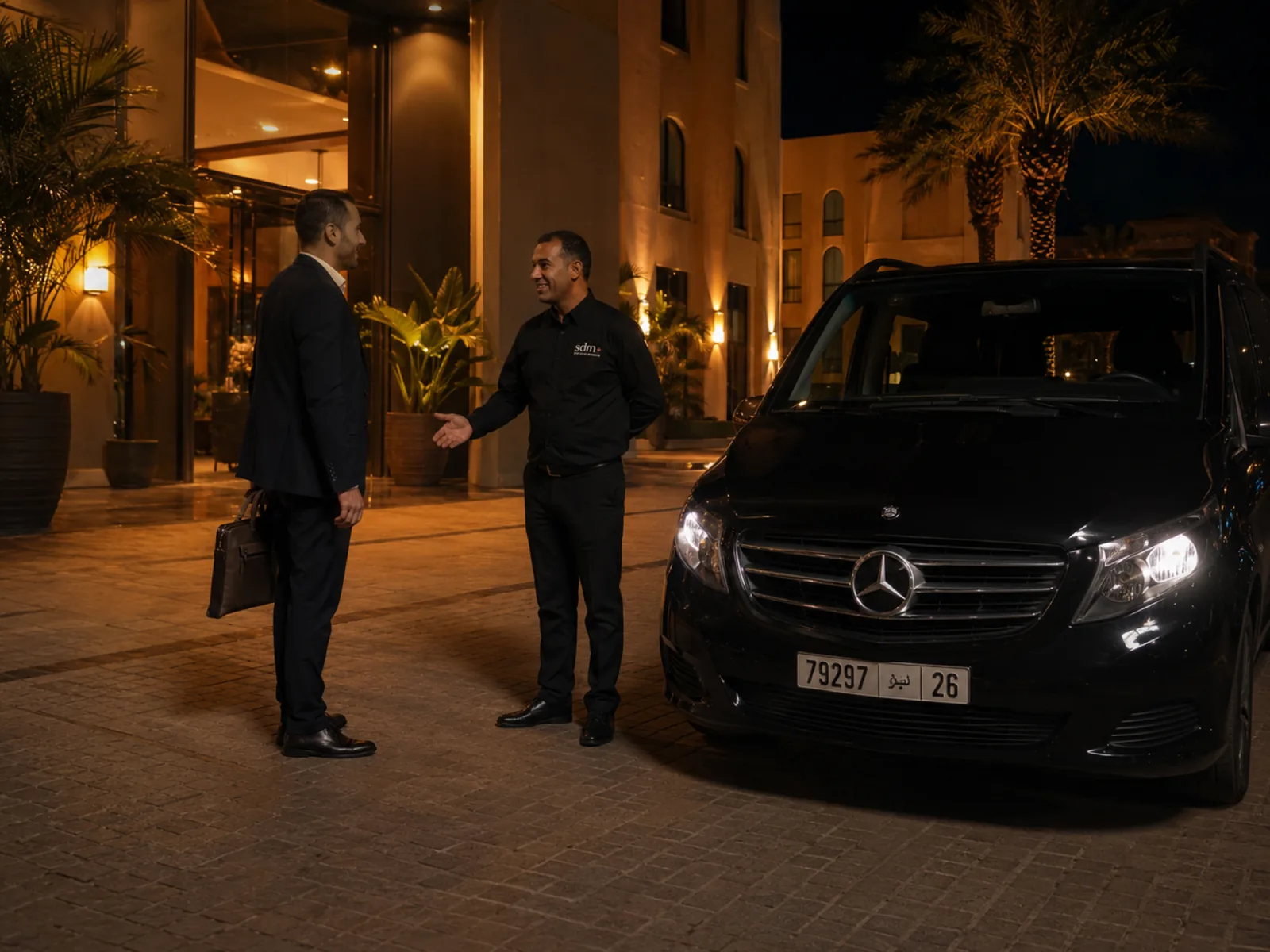 SDM driver in an embroidered shirt greeting a business traveller outside a hotel, black Viano with headlights on